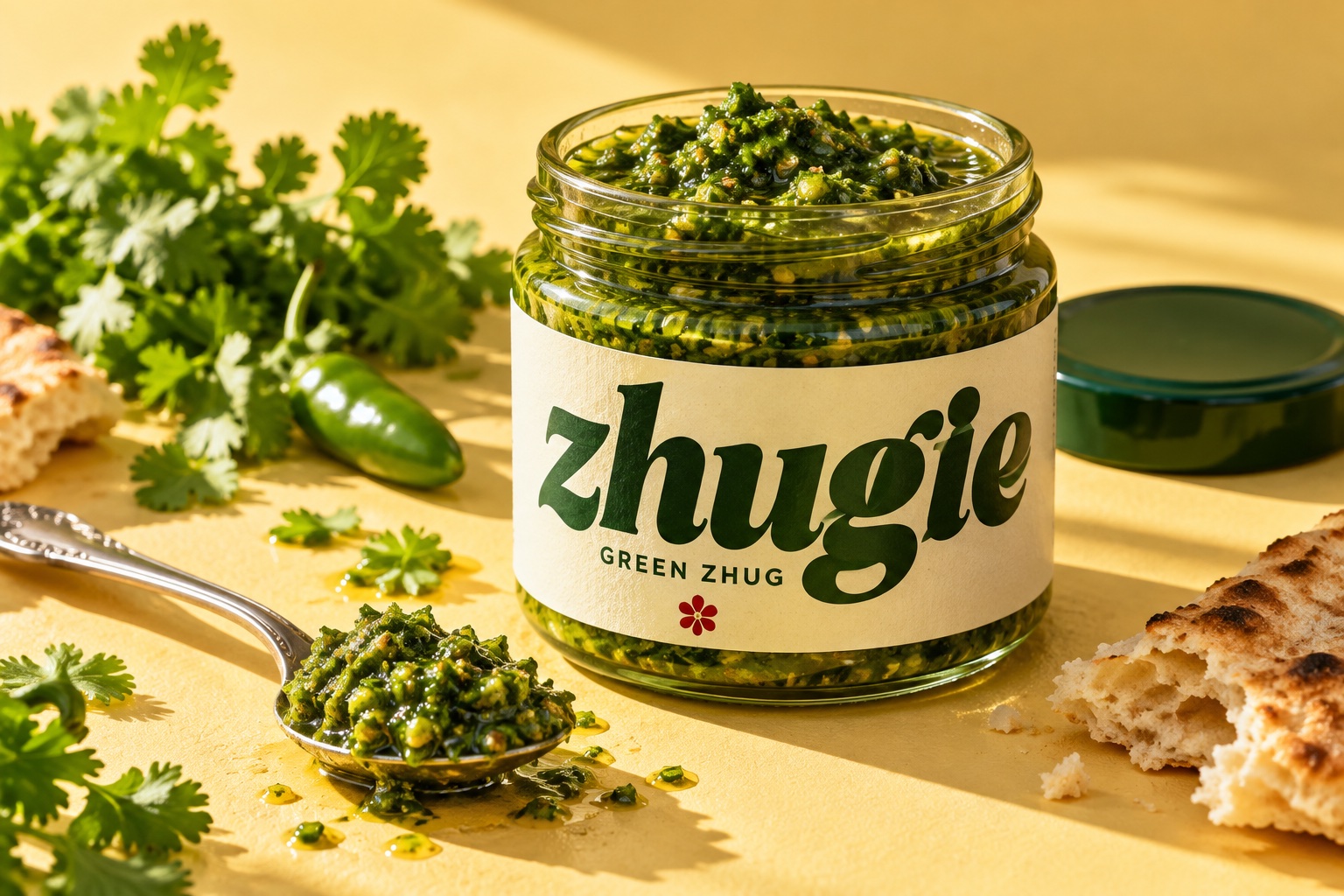 Zhugie Green Zhug concept jar, with a cream label, fresh herbs, and a spoonful of sauce